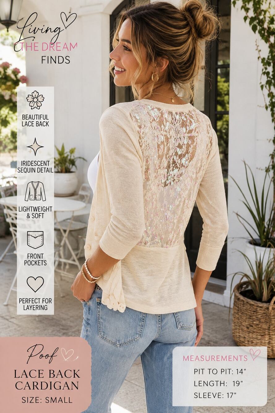 Poof Women’s Small Cream Lace Back Sequin Cardigan Button Front 3/4 Sleeve